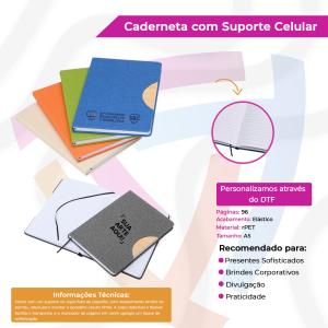 Caderno A5 com Suporte para Celular rPet    Capa Flexível para suporte do celular. 