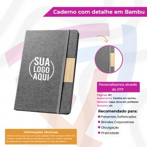 Caderno com detalhe em Bambu Poliéster Sintético    Detalhe em Bambu 