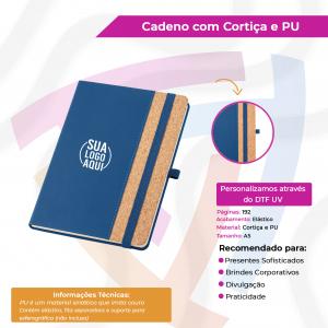 Caderno com detalhe em Cortiça e PU Cortiça e Couro Sintético    Elástico 