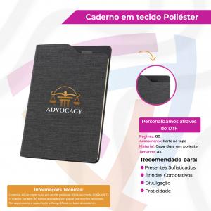 Caderno em tecido Poliéster Poliéster Sintético    Corte no topo e suporte para caneta 