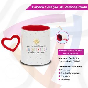 Caneca Alça Coração 3D Personalizada Cerâmica   Resinado  Capacidade: 325ml