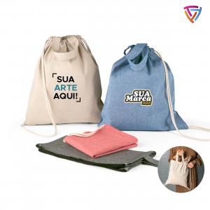 Sacola Mochila Rissani Personalizada Algodão Reciclado: 70% Algodão 30% Poliéster 370mm x 410mm   Personalização com DTF Têxtil Criação de Arte até o tamanho A4
